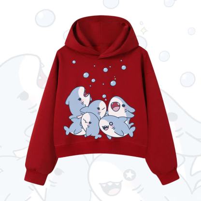MODAKAWA Bubble Sharks Print Cropped Cotton Hoodie - Red - 3XL - image 11