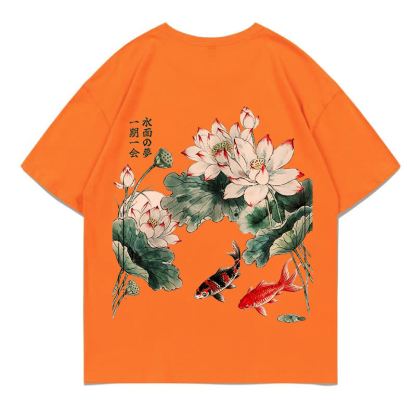 MODAKAWA Flower Fish Print Loose Summer Short Sleeve T-Shirt - Orange - 5XL - image 15