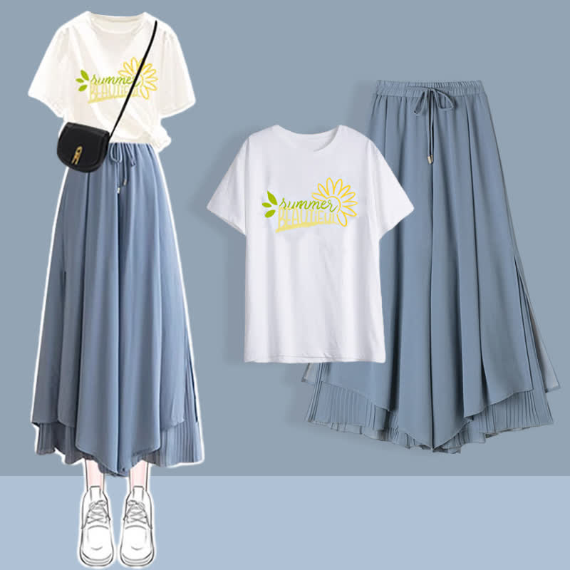 Chic Printed T-Shirt Chiffon Split Wide Leg Pants Two Pieces Set - Blue - 3XL - image 2