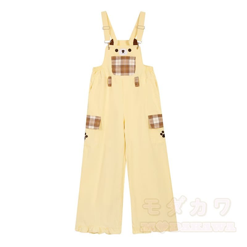 High Quality Durable Press Bear Embroidery Pendant Plaid Overalls - Yellow - L - image 4