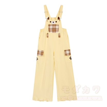 High Quality Durable Press Bear Embroidery Pendant Plaid Overalls - Yellow - L - image 4