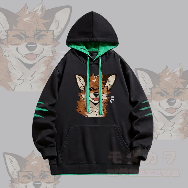 MODAKAWA X atka Fox Wearing Glasses Graphic Oversized Contrast Lining Pullover Hoodie - Black - 4XL - image 2