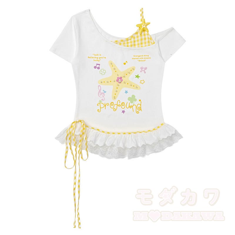 Star Print Off Shoulder Lace Top Polka Dot Wide Leg Pants Two Pieces Set - Yellow Top - L - image 6