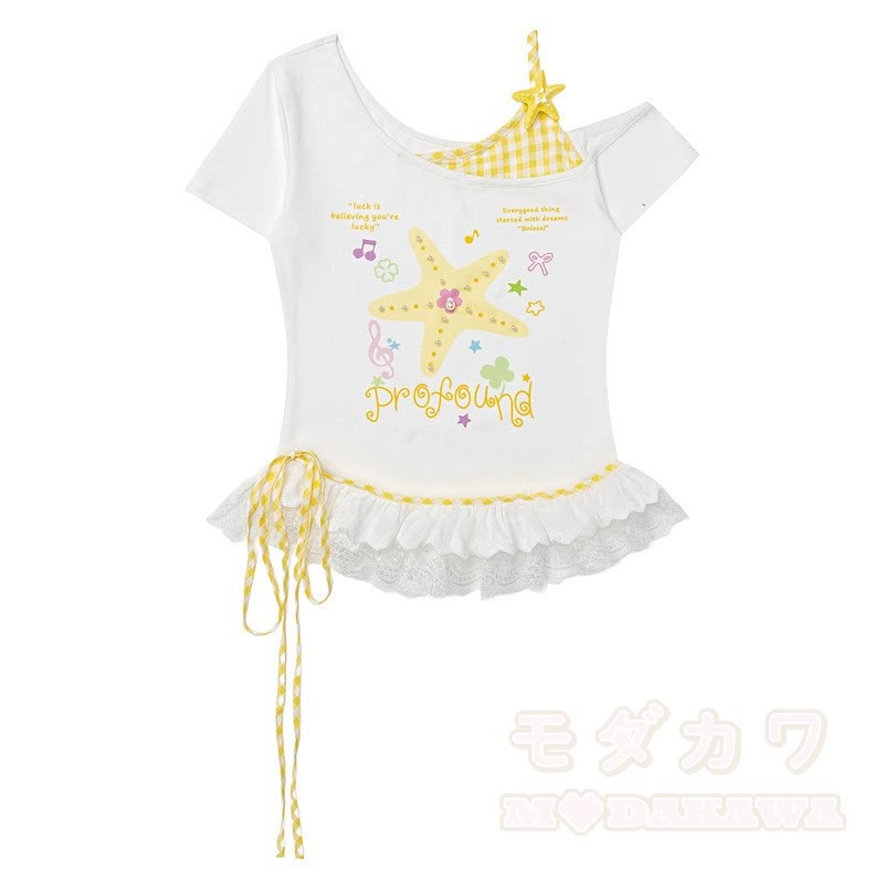 Star Print Off Shoulder Lace Top Polka Dot Wide Leg Pants Two Pieces Set - Yellow Top - L - image 6