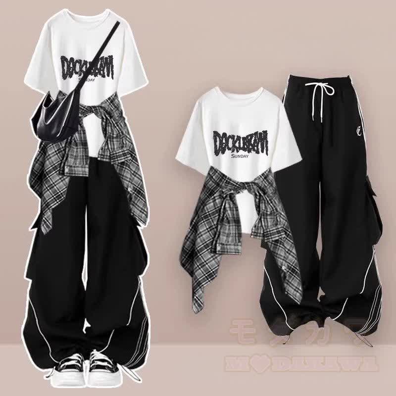 Letter Graphic T-shirt Plaid Shirt Wide Leg Pants Matching Outfit - Three Pieces Set C - XL - image 3