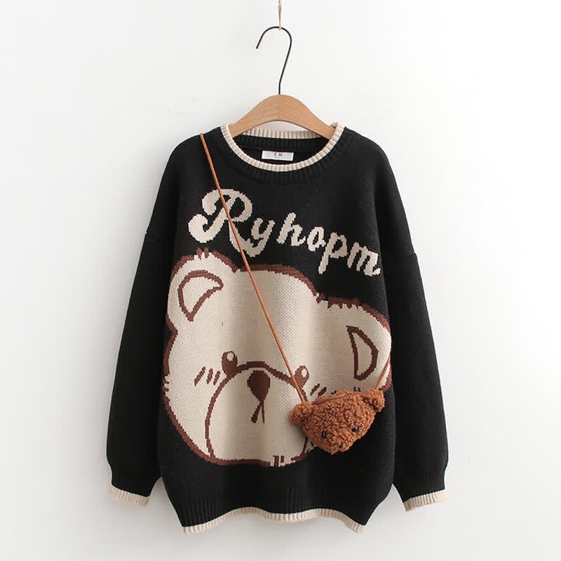 Bear Print Round Collar Sweater With Crossbody Bag - Black - One Size - image 4