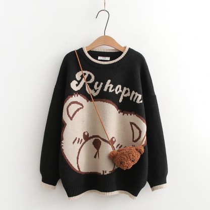 Bear Print Round Collar Sweater With Crossbody Bag - Black - One Size - image 4