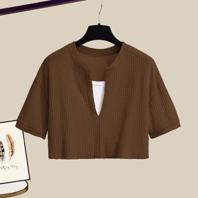 Fake Two Pieces Crop Top T-Shirt Casual Pants Two Pieces Set - image 17