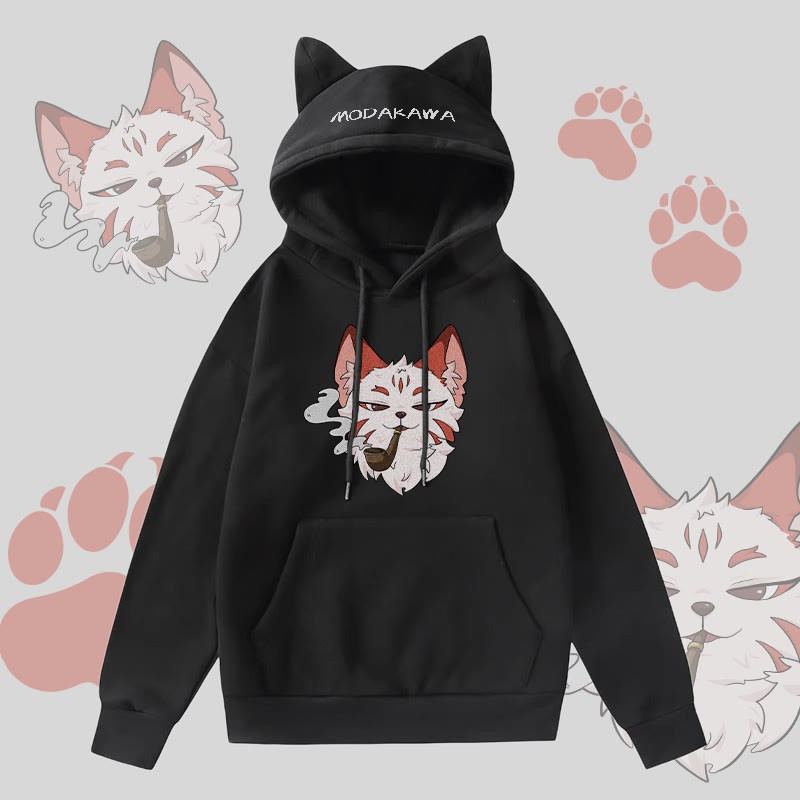 MODAKAWA Smoking Red Fox Graphic Pocket Fleece Lined Hoodie with Cat Ears - Black - 2XL - image 3