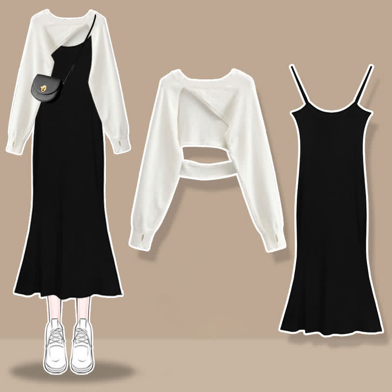 Irregular Hollow Out Sweater Ruffled Split Slip Dress Matching Outfit - Set D - XL - image 4