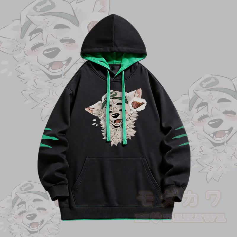 MODAKAWA X atka Fox Wants Meat Graphic Oversized Contrast Lining Pullover Hoodie - Black - 4XL - image 3