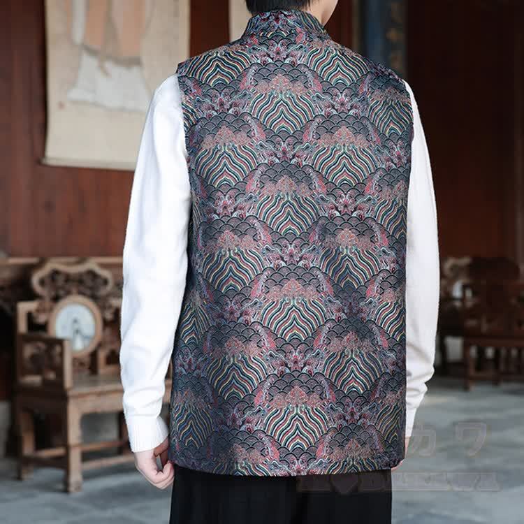 Dragon Print Frog Button Mandarin Collar Vest - image 7
