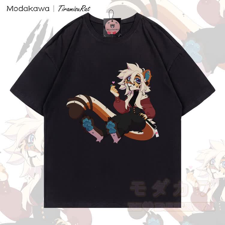 MODAKAWA X TiramisuRat White Hair Rat Graphic 100% Cotton T-shirt - Black - 5XL - image 5