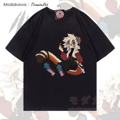 MODAKAWA X TiramisuRat White Hair Rat Graphic 100% Cotton T-shirt - Black - 5XL - image 5