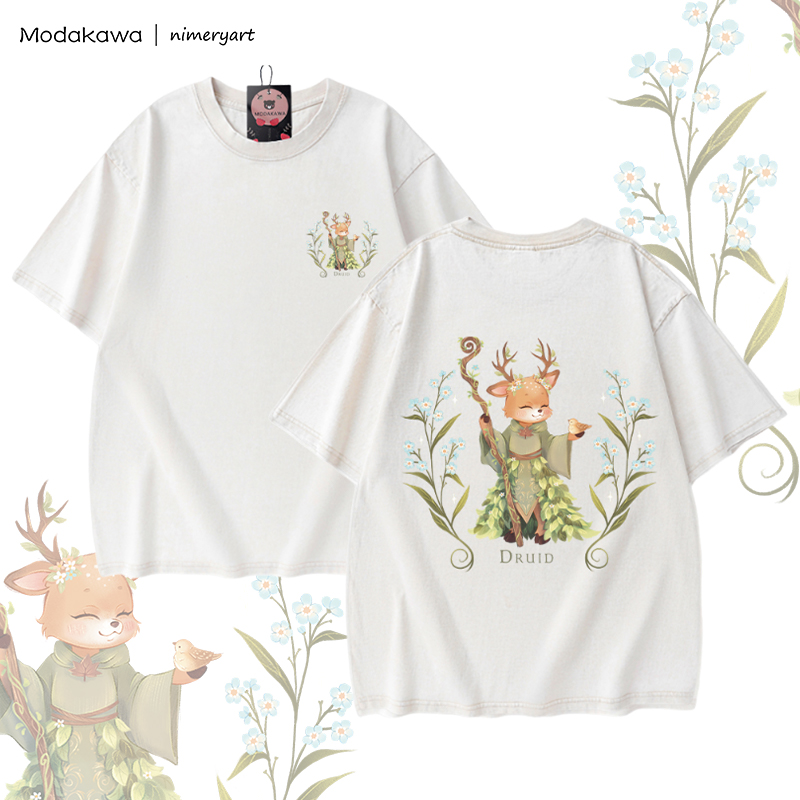 MODAKAWA X nimeryart DRUID Deer Graphic Unisex Vintage Washed T-shirt - Apricot - 5XL - image 4