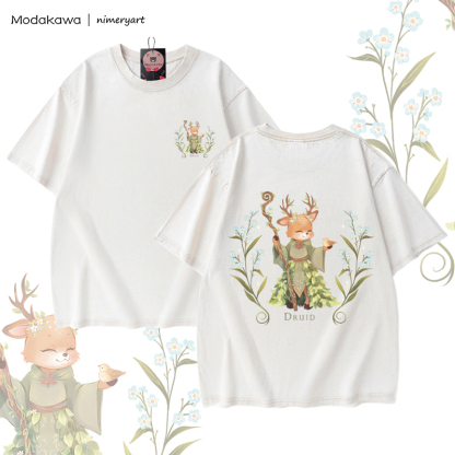 MODAKAWA X nimeryart DRUID Deer Graphic Unisex Vintage Washed T-shirt - Apricot - 5XL - image 4