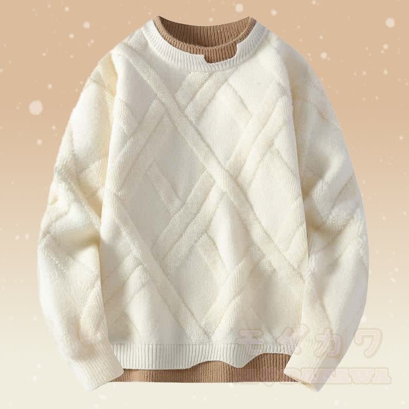 Faux Layered Knit Sweater Plaid Fleece Lined Pants Two Pieces - Beige Sweater - 2XL - image 4
