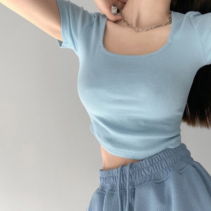Pure Color Round Collar Crop Top T-Shirt - Blue - 2XL - image 1