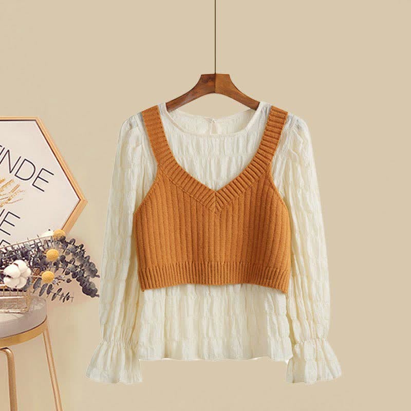 Pure Color Vest Shirt High Waist Fishtail Denim Skirt Matching Outfit - Orange Shirt+Vest - XL - image 5