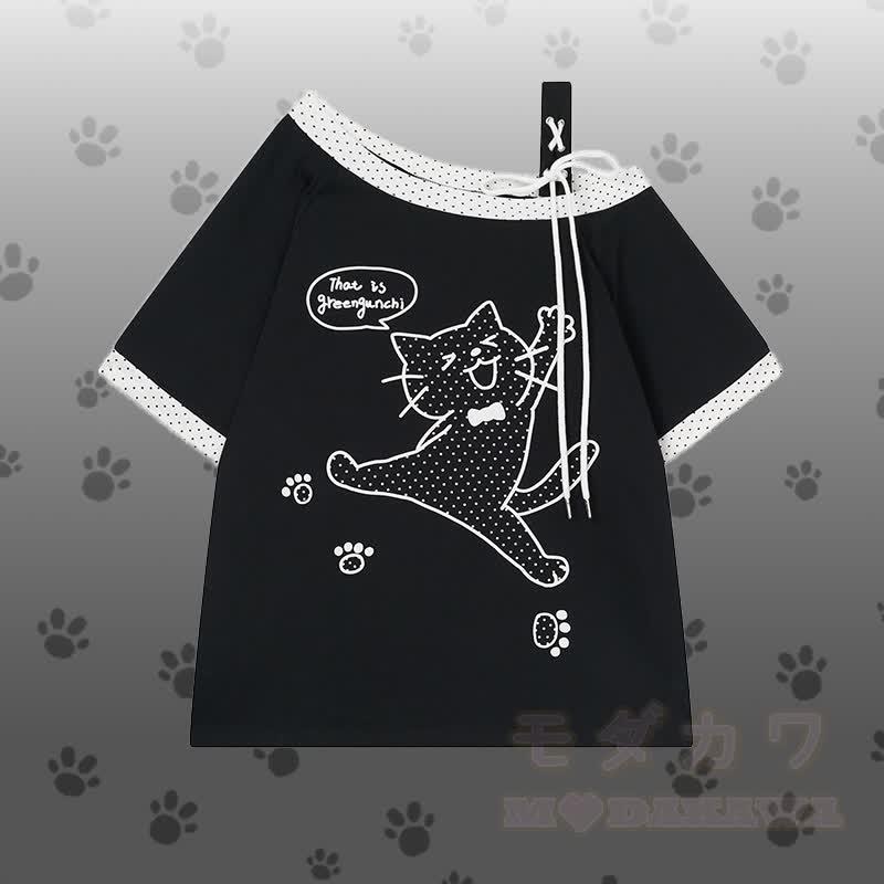 Polka Dot Cat Graphic One Shoulder T-shirt Kitty Gingham Shorts Modakawa Matching Outfit - Black T-shirt - L - image 3
