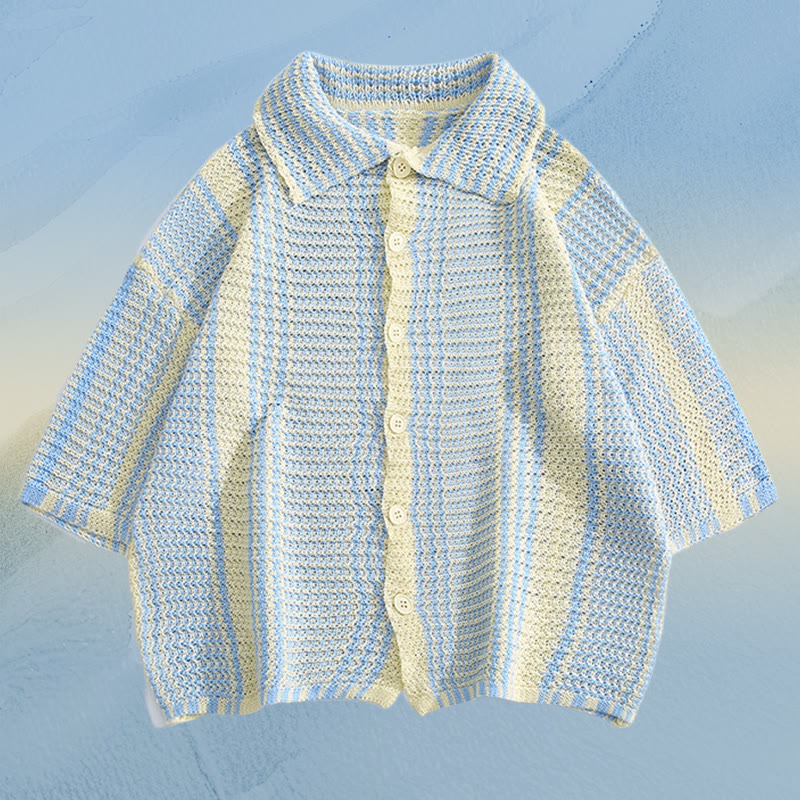 Stripe Knit Polo Shirt Quick Dry Drawstring Shorts Modakawa Matching Outfit - Blue Shirt (Single) - 2XL - image 8