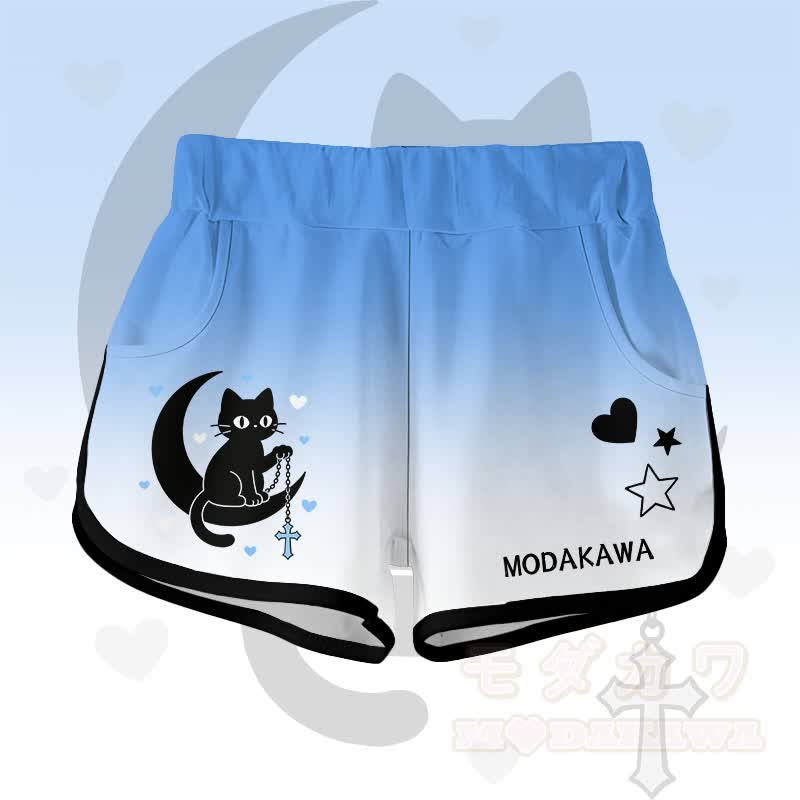Gradient Black Cat Moon Graphic Modakawa Shorts - Blue B - 5XL - image 7
