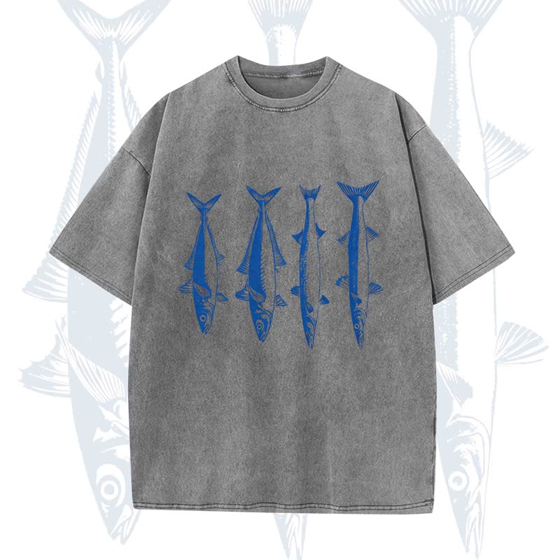 Modakawa Vintage Fish Print Washed T-shirt - Grey - 5XL - image 4