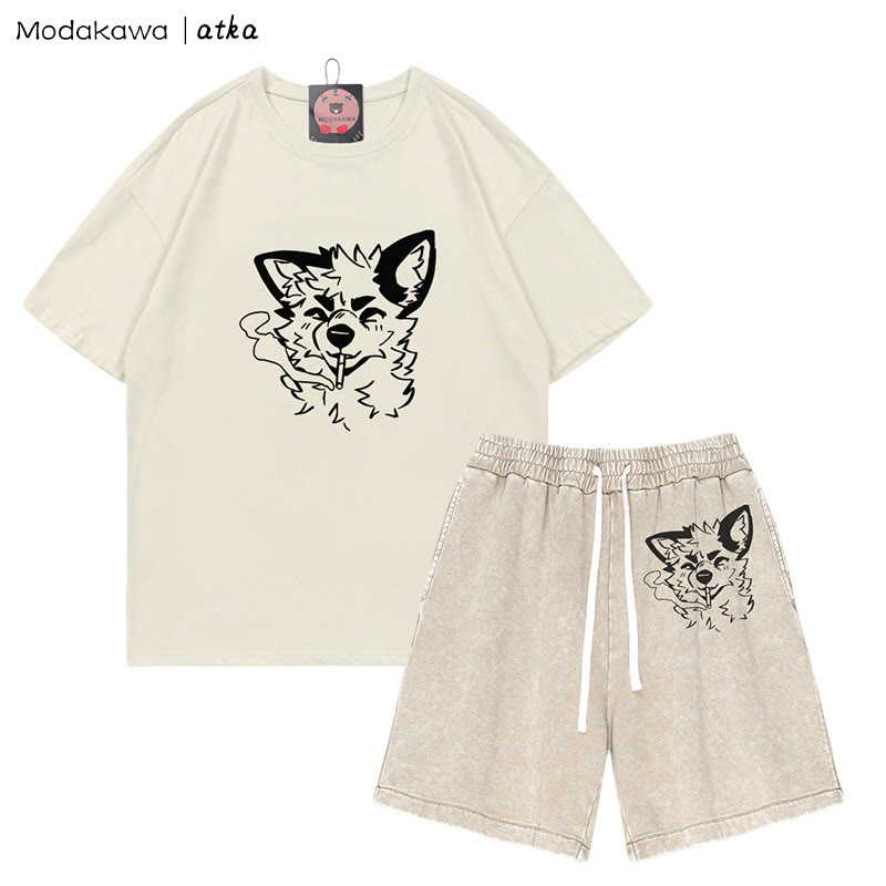 MODAKAWA X atka Fox Smoking Graphic T-shirt Vintage Washed Shorts Two Pieces Set - Beige - 3XL - image 5
