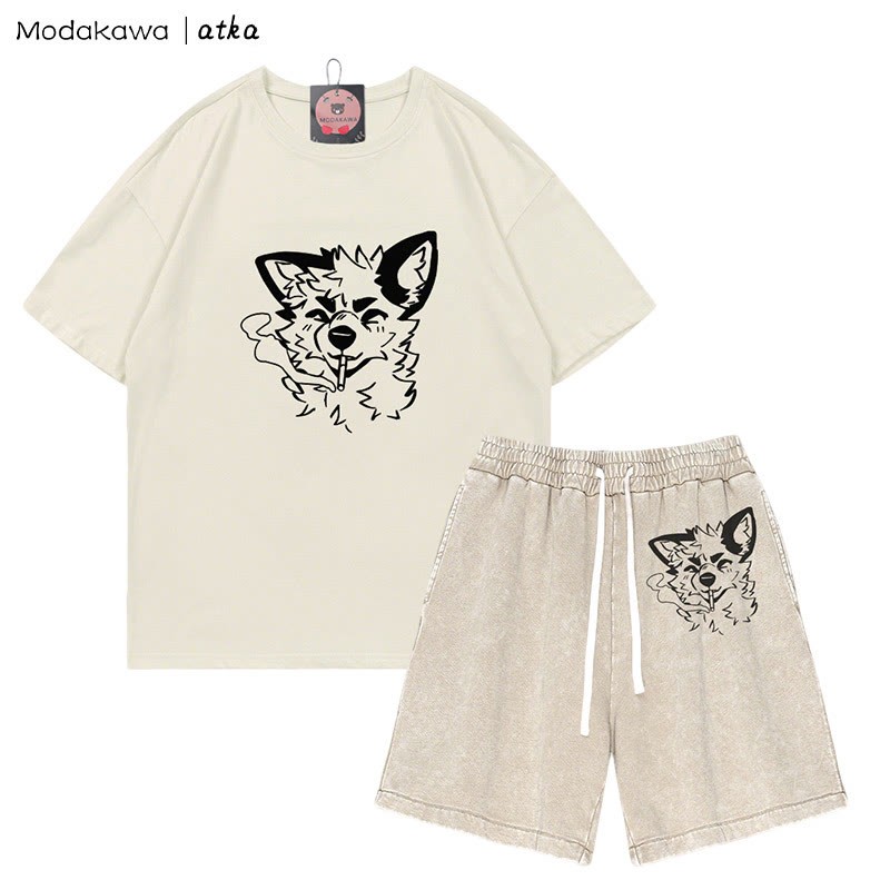 MODAKAWA X atka Fox Smoking Graphic T-shirt Vintage Washed Shorts Two Pieces Set - Beige - 3XL - image 5