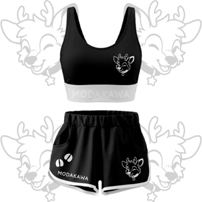 Deer Graphic Crop Tank Sport Top Shorts Bikini Modakawa Matching Outfit - Black Set - 5XL - image 14