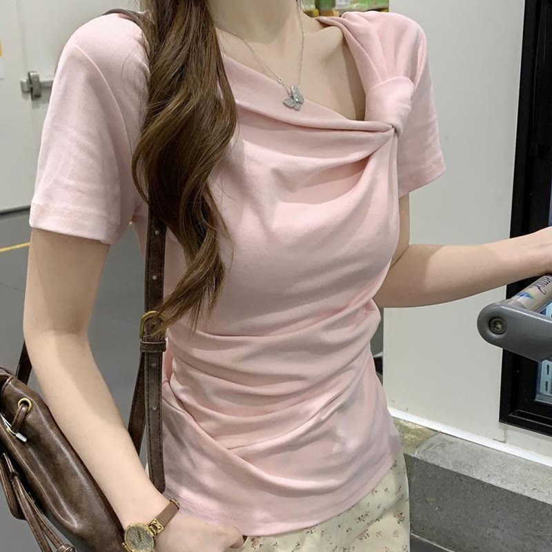Irregular Twisted Knot Neckline T-shirt - image 4