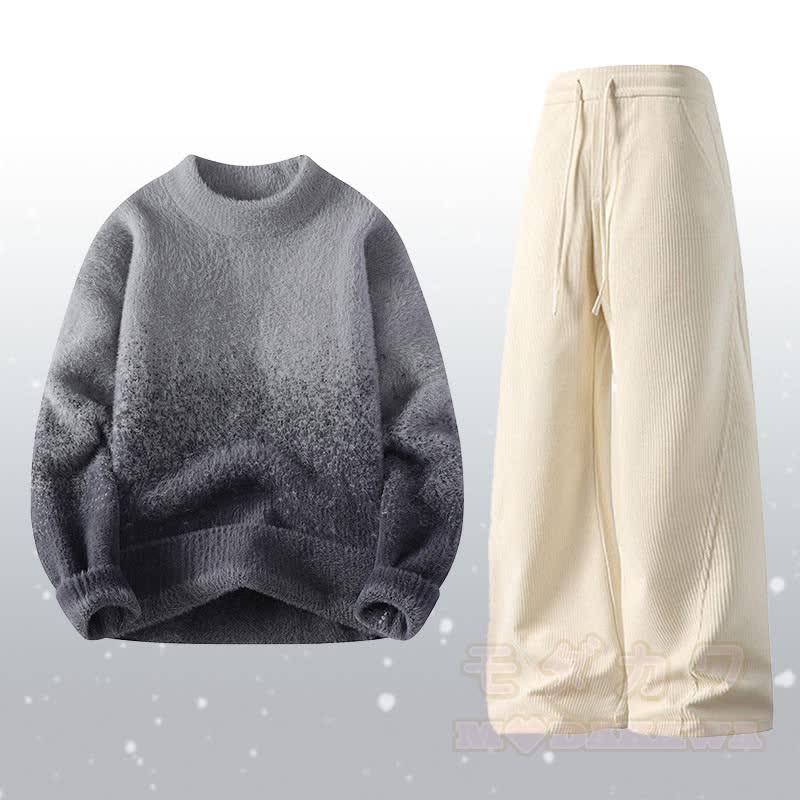 Gradient Knit Fuzzy Sweater Corduroy Pants Two Pieces - Set E - 4XL - image 5