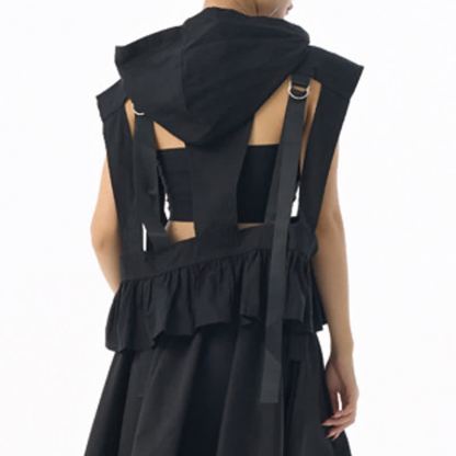 Dark Cut Out Strap Zip Up Hooded Sleeveless Vest - image 5