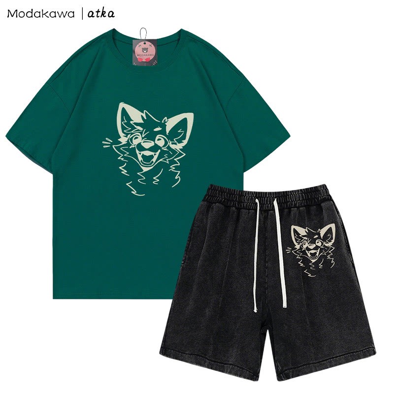 MODAKAWA X atka Cheerful Fox Graphic T-shirt Vintage Washed Shorts Two Pieces Set - Olive Green&Black - 3XL - image 9