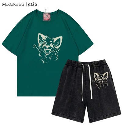 MODAKAWA X atka Cheerful Fox Graphic T-shirt Vintage Washed Shorts Two Pieces Set - Olive Green&Black - 3XL - image 9