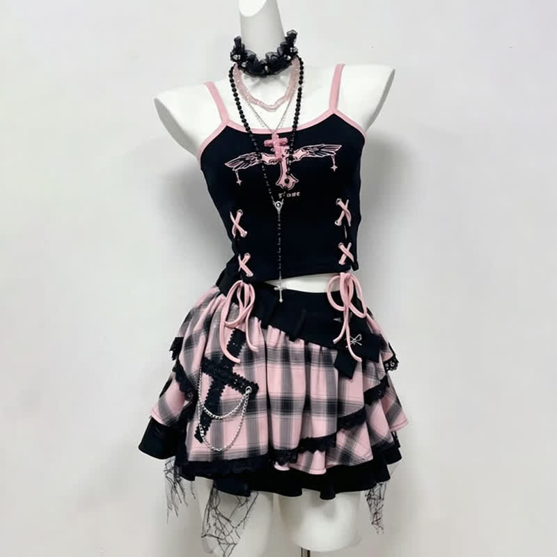 Gothic Cross Print Lace Up Cami Top Plaid Layered Skirt Two Pieces Set - image 5