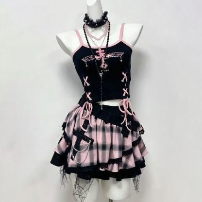Gothic Cross Print Lace Up Cami Top Plaid Layered Skirt Two Pieces Set - image 5