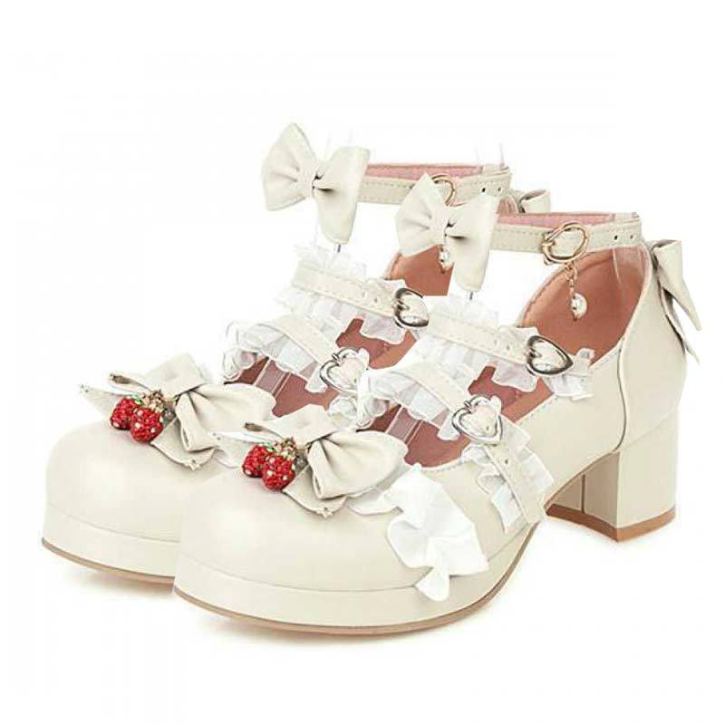 Lace Bow Lolita Kitten Heel Mary Janes Shoes - Beige - 48 - image 12