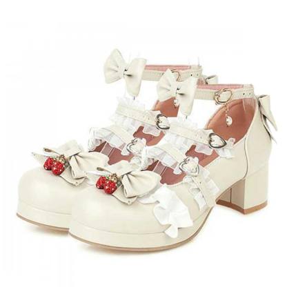 Lace Bow Lolita Kitten Heel Mary Janes Shoes - Beige - 48 - image 12