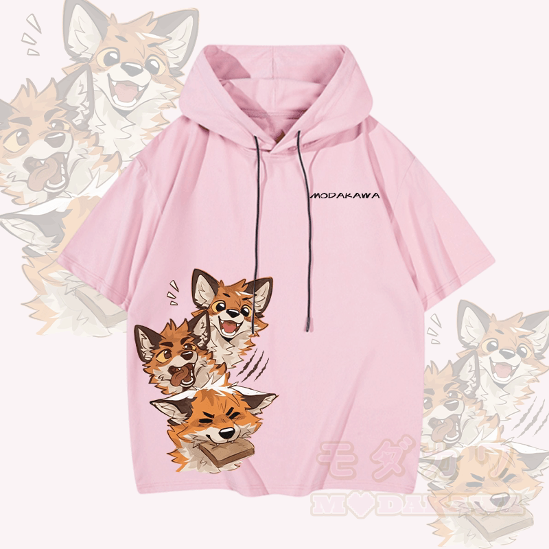 MODAKAWA X atka Funny Fox Graphic Short Sleeve Hoodie - Pink - 3XL - image 4