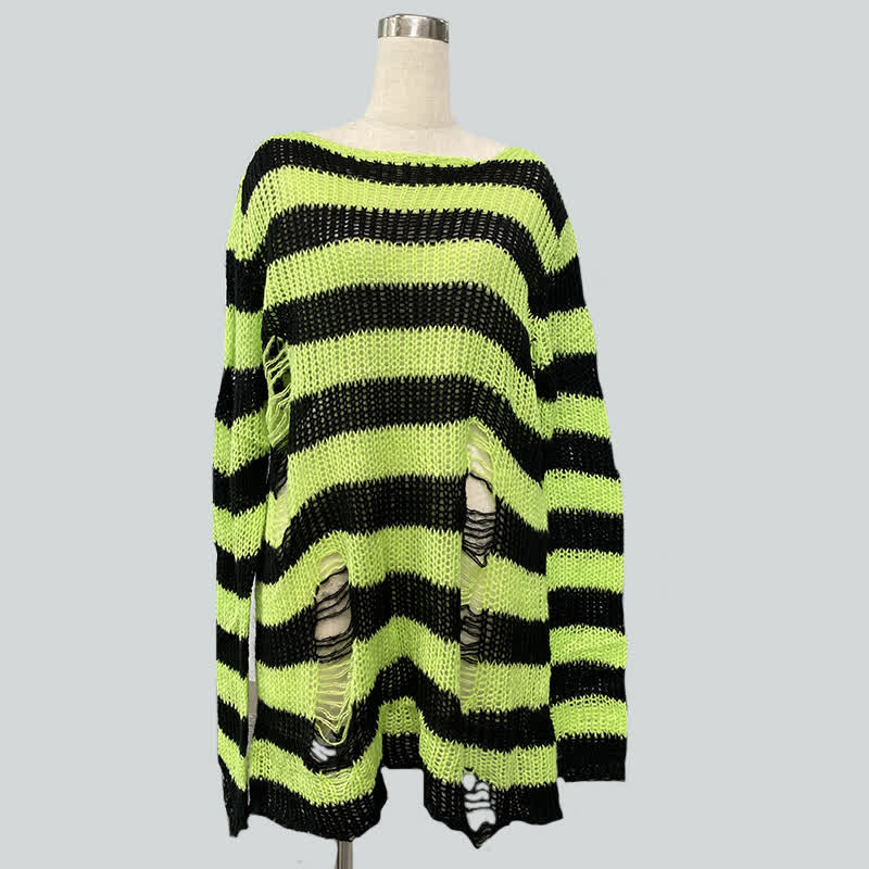 Oversized Striped Hollow Out Ripped Long Sleeve Knit Sweater - Black & Fluorescent Green - One Size - image 10