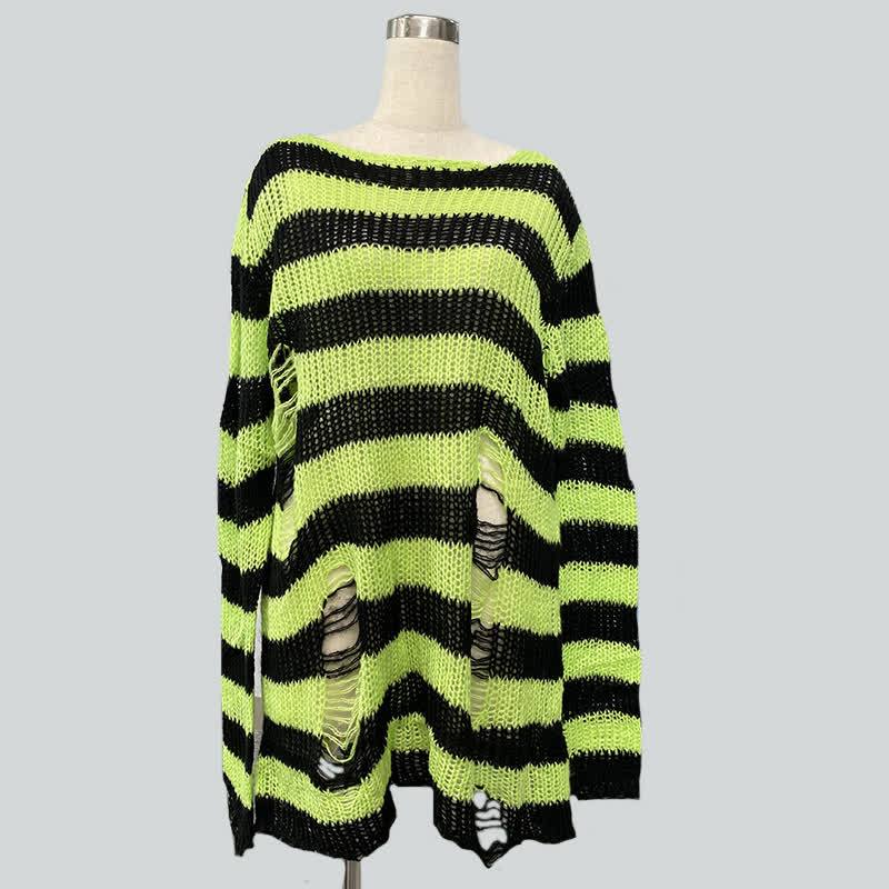 Oversized Striped Hollow Out Ripped Long Sleeve Knit Sweater - Black & Fluorescent Green - One Size - image 10