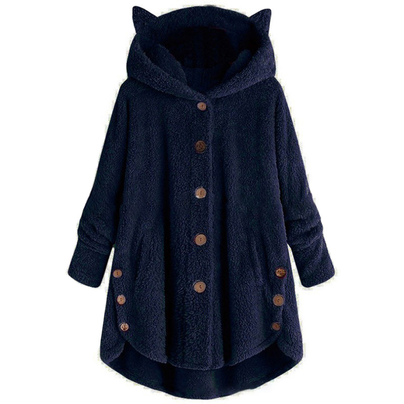Kitty Ear Button Irregular Hooded Sweatshirt - Navy Blue - 5XL - image 9