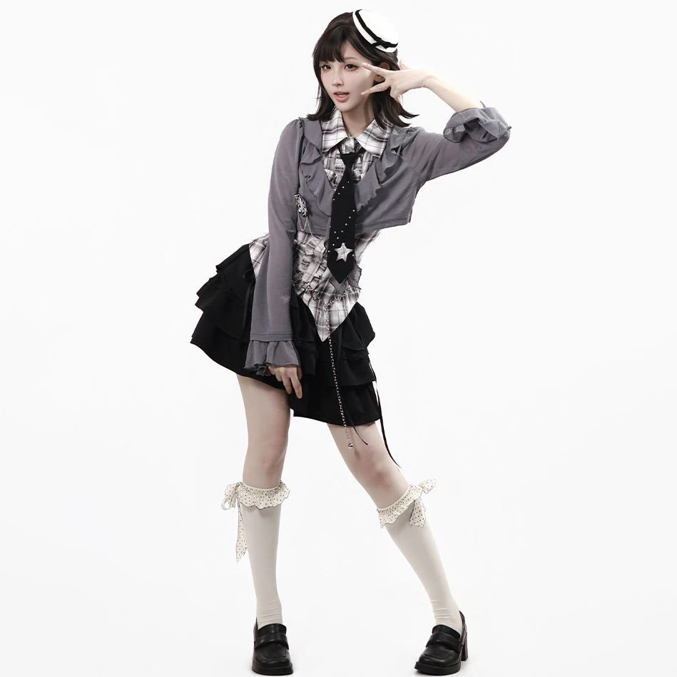 Y2K Knit Cover-Up with Plaid Shirt and Tiered Mini Skirt Three Pieces Set - Black&White Shirt - XL - image 6