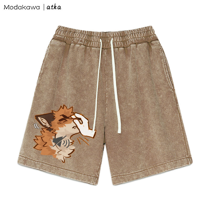 MODAKAWA X atka Funny' Shhh' Fox Graphic Vintage Washed Shorts - Brown - 3XL - image 4
