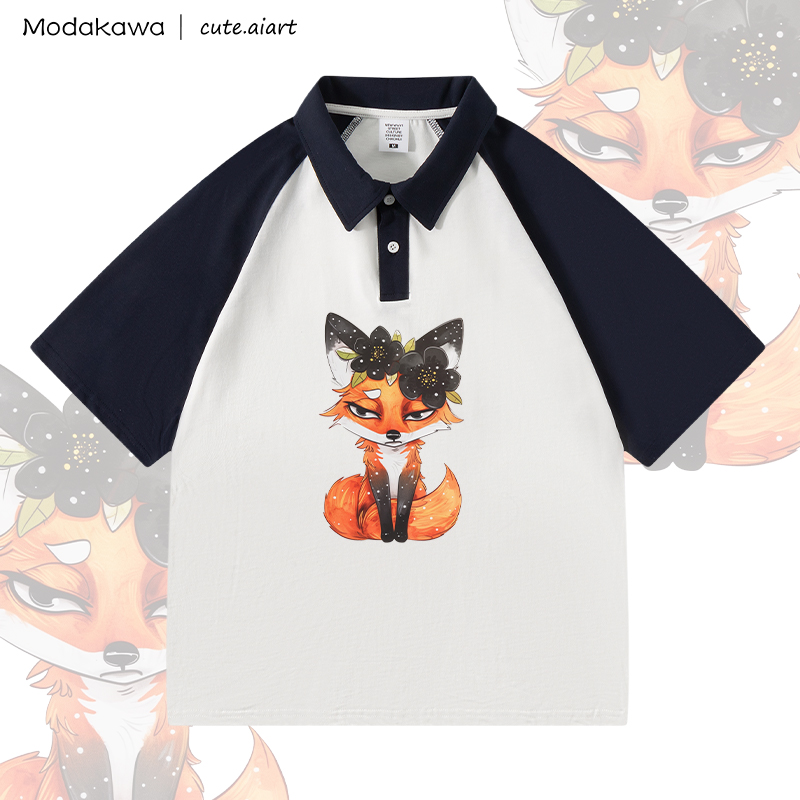 MODAKAWA X cute.aiart Floral Fox Graphic 100% Cotton POLO T-shirt - White & Purplish Blue - 4XL - image 3