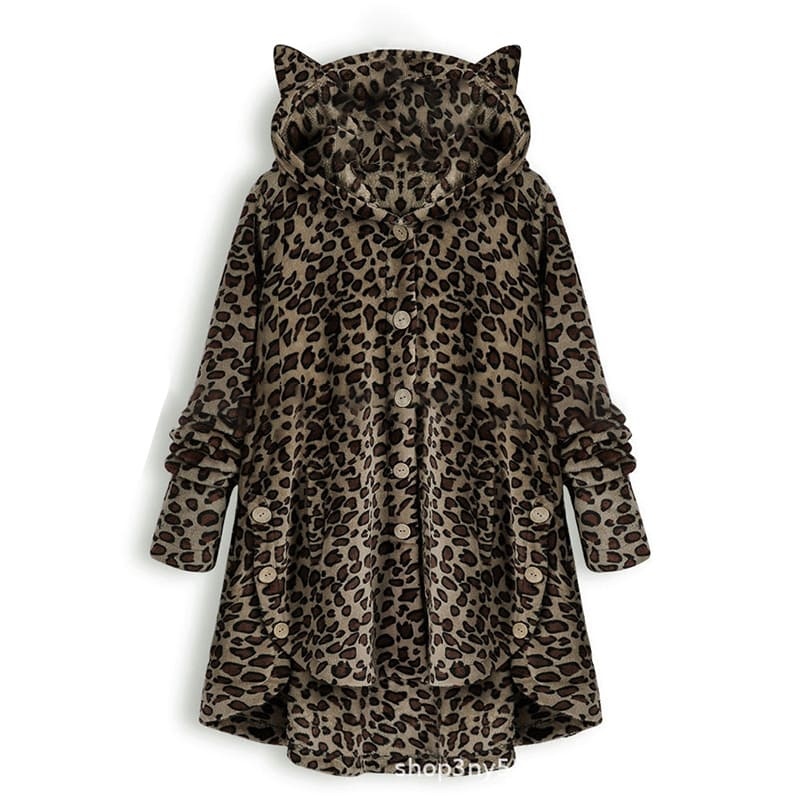 Kitty Ear Button Irregular Hooded Sweatshirt - Dark Leopard - 5XL - image 10