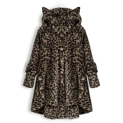 Kitty Ear Button Irregular Hooded Sweatshirt - Dark Leopard - 5XL - image 10