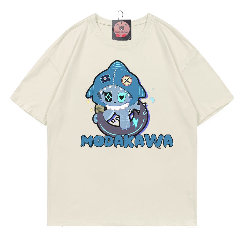 MODAKAWA Playful Shark Graphic Dark Aesthetic T-shirt - Beige - A - 5XL - image 7