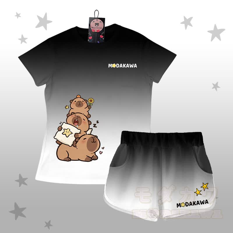 Gradient Capybara Graphic T-shirt Letter Graphic Shorts Modakawa Matching Outfit - Black & White Set - 5XL - image 3